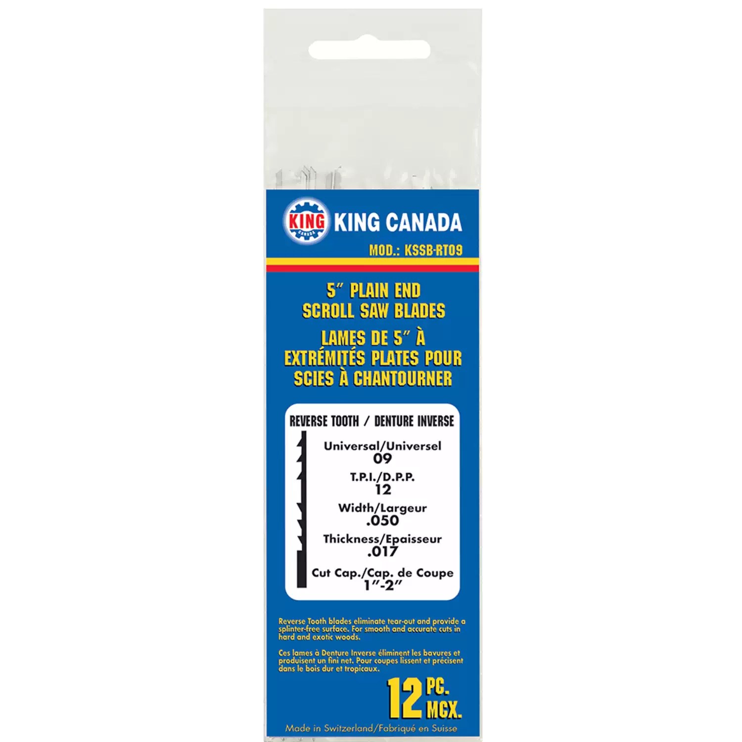 King Canada KSSB-RT09 12PC 5" Pinless 12 TPI Reverse Tooth Scroll Saw Blade Set