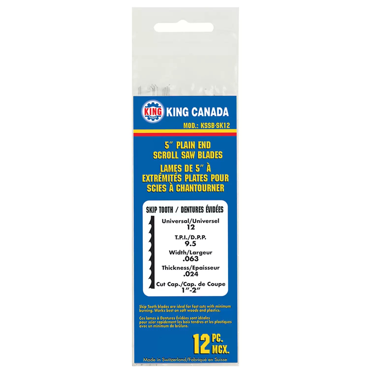 King Canada KSSB-SK12 12PC 5" Pinless 9.5 TPI Skip Tooth Scroll Saw Blade Set