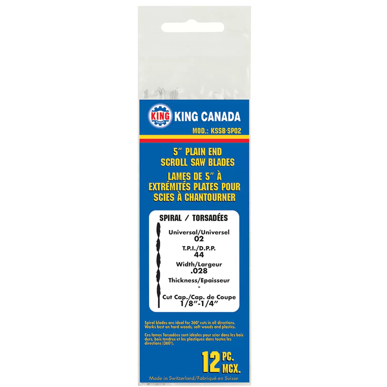 King Canada KSSB-SP02 12PC 5" Pinless 44 TPI Spiral Scroll Saw Blade Set