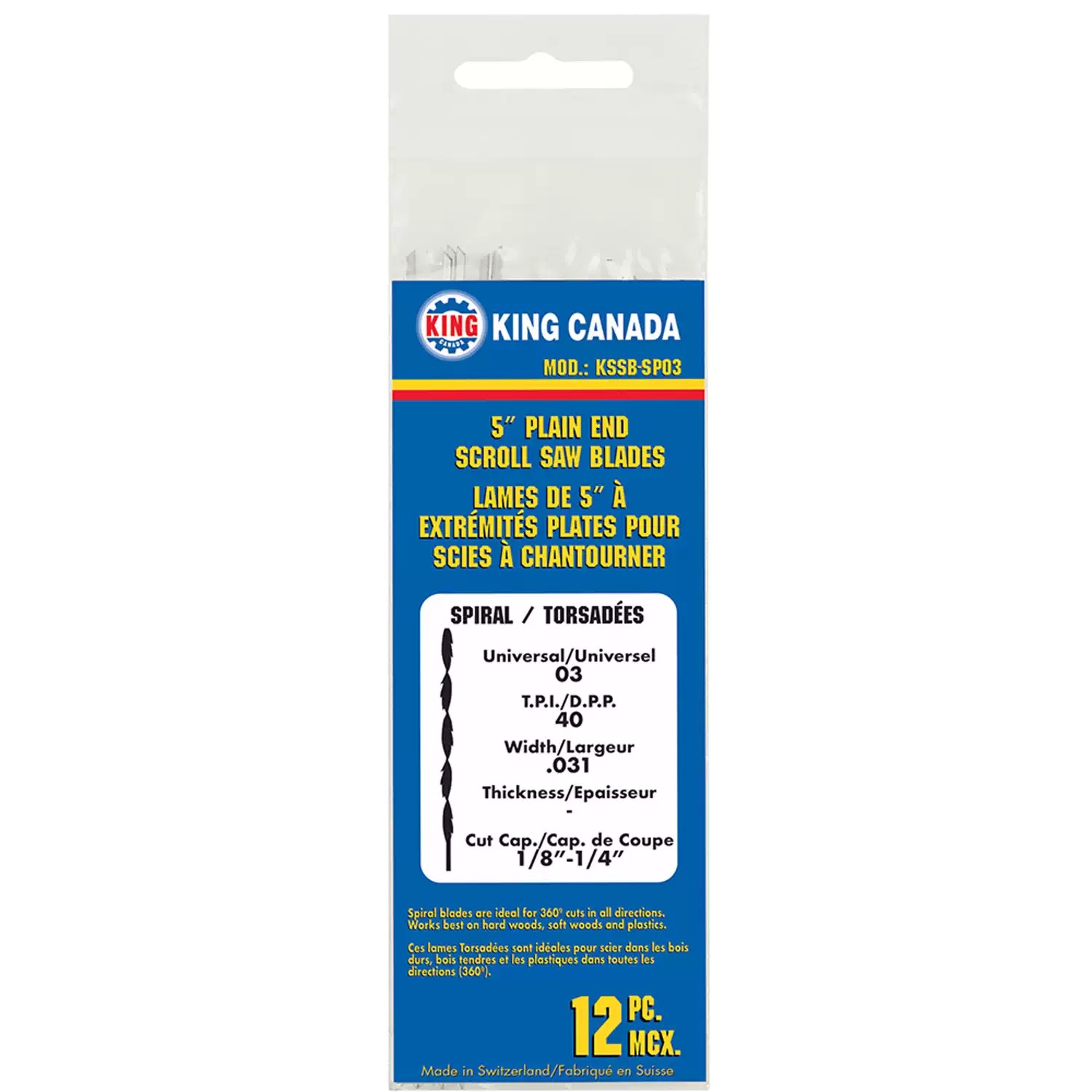 King Canada KSSB-SP03 12PC 5" Pinless 40 TPI Spiral Scroll Saw Blade Set