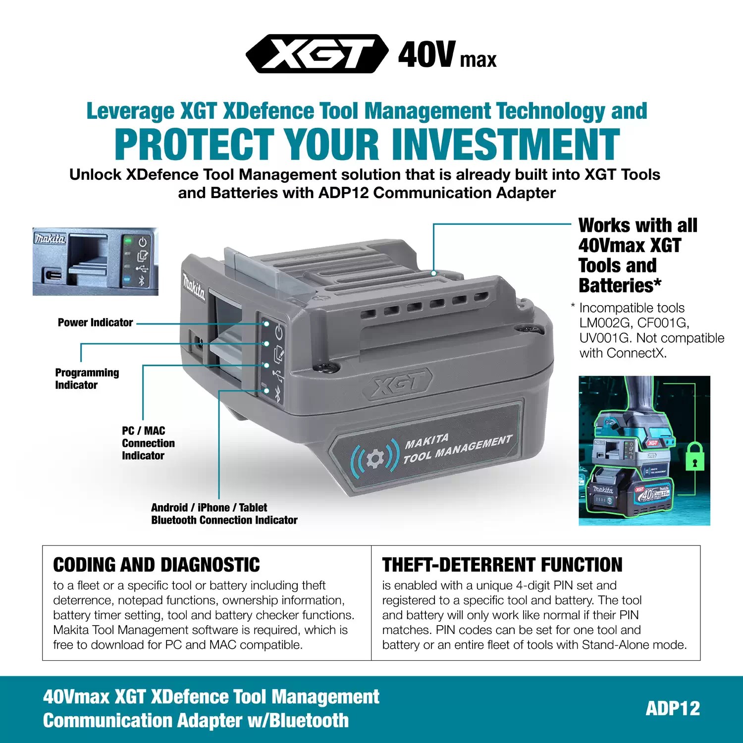 Makita ADP12 40Vmax XGT XDefence Cordless Tool Management Communication Adapter