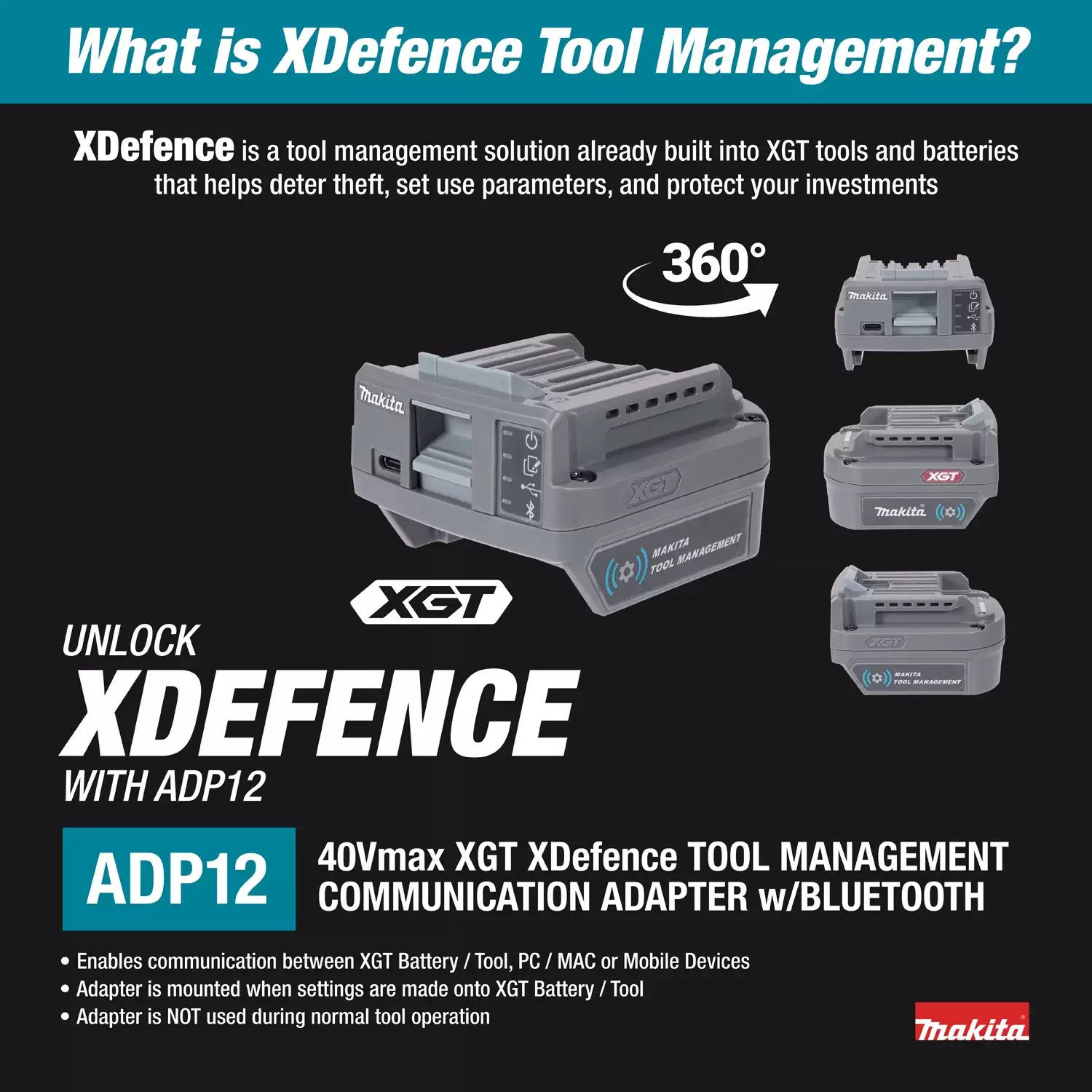 Makita ADP12 40Vmax XGT XDefence Cordless Tool Management Communication Adapter