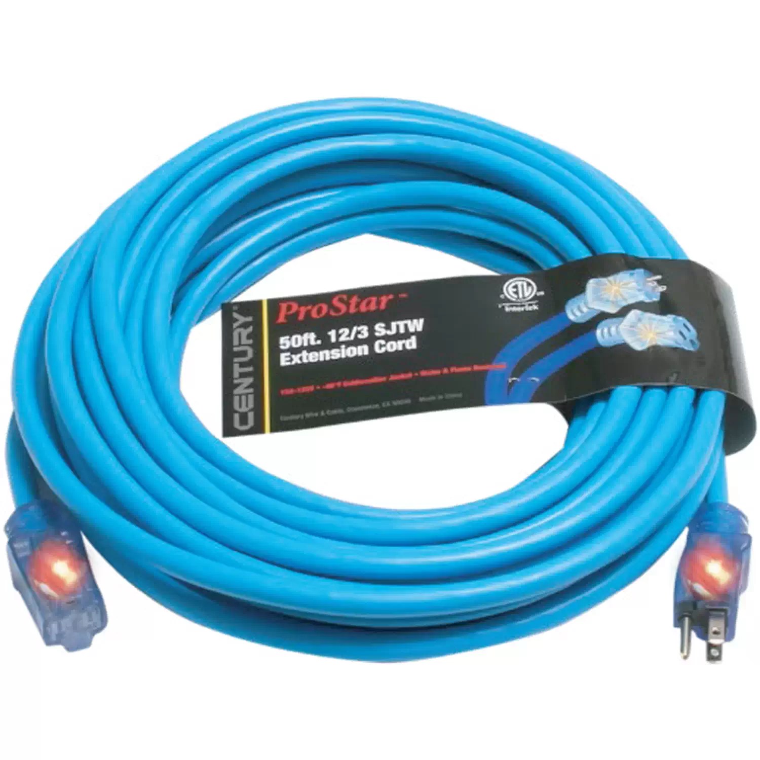 Century Wire D11712050BL Pro Star 50' Blue Lighted Extension Cord SJTW 12/3 15A