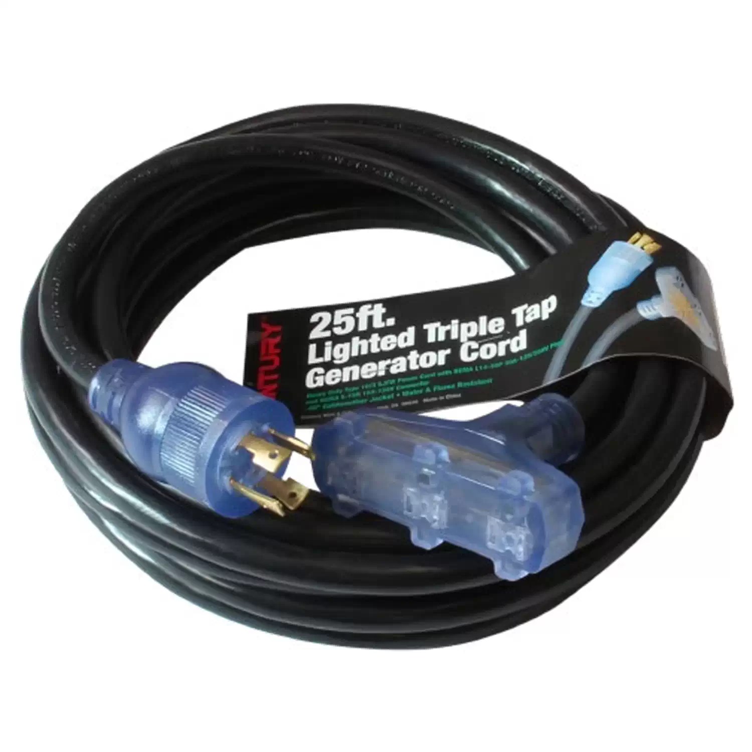 Century Wire D13010025 25' Black Lighted Triple Tap Generator Extension Cord SJTW 10/3 15A