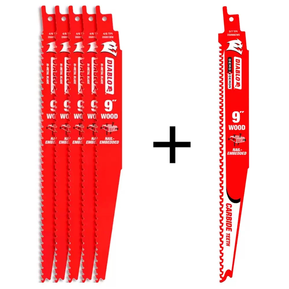 Diablo DS0912BW5PC 9" Bi-Metal Recip Blade for Nail Embedded Wood (5-Pack) + Promo