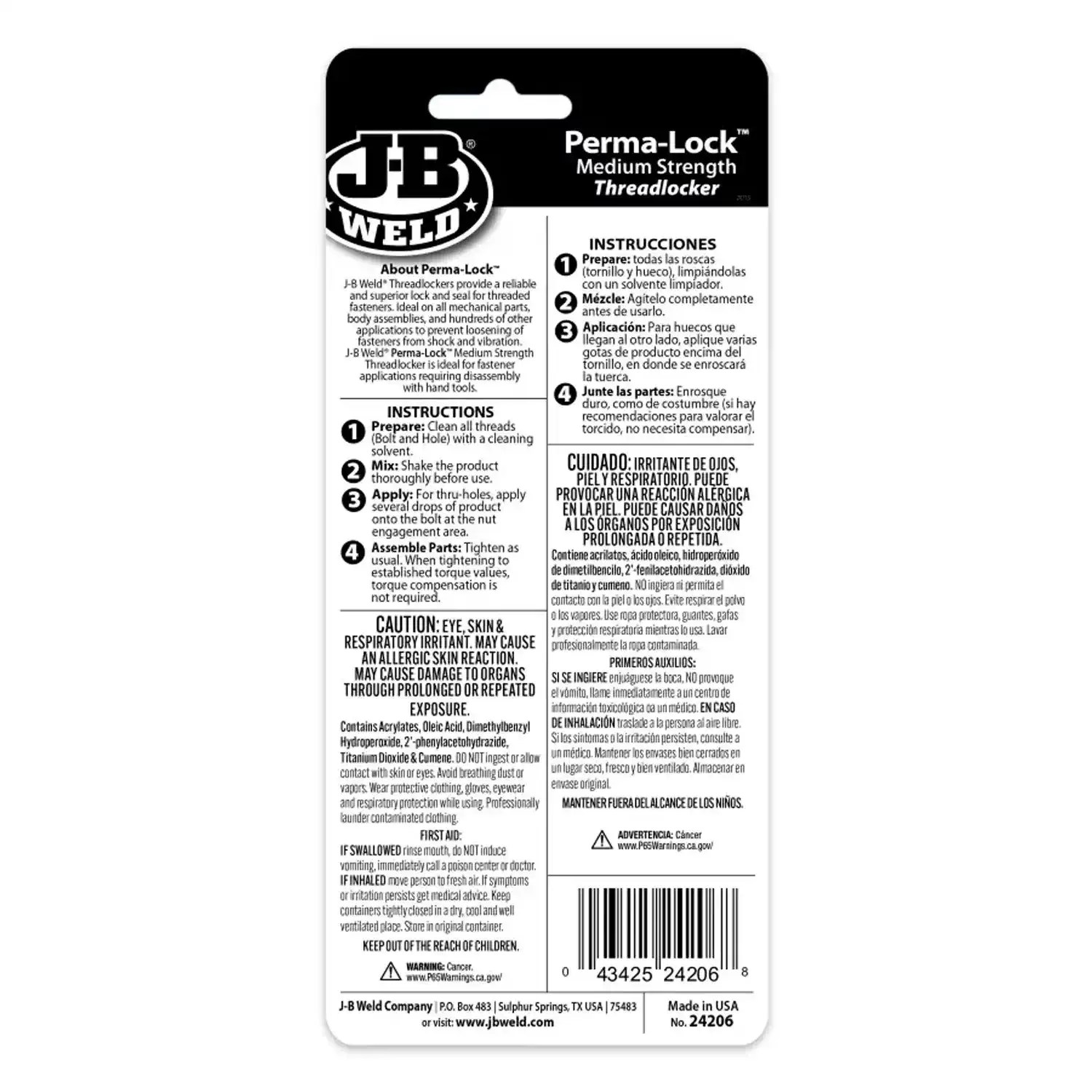 J-B Weld 24206 6ML Perma Lock Blue Medium Strength Threadlocker - World's Strongest Bond