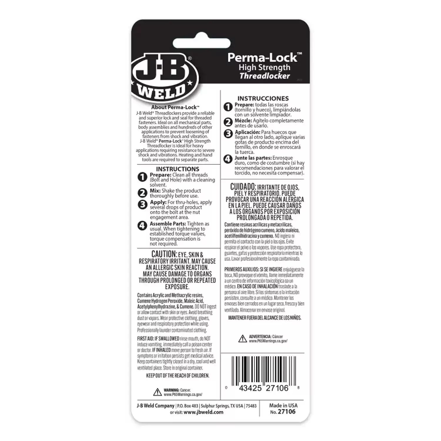 J-B Weld 27106 6mL Perma Lock Red High Strength Threadlocker