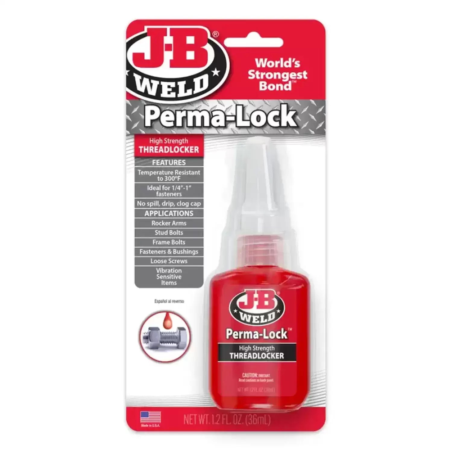 J-B Weld 27136 36mL Perma Lock Red High Strength Threadlocker - World's Strongest Bond
