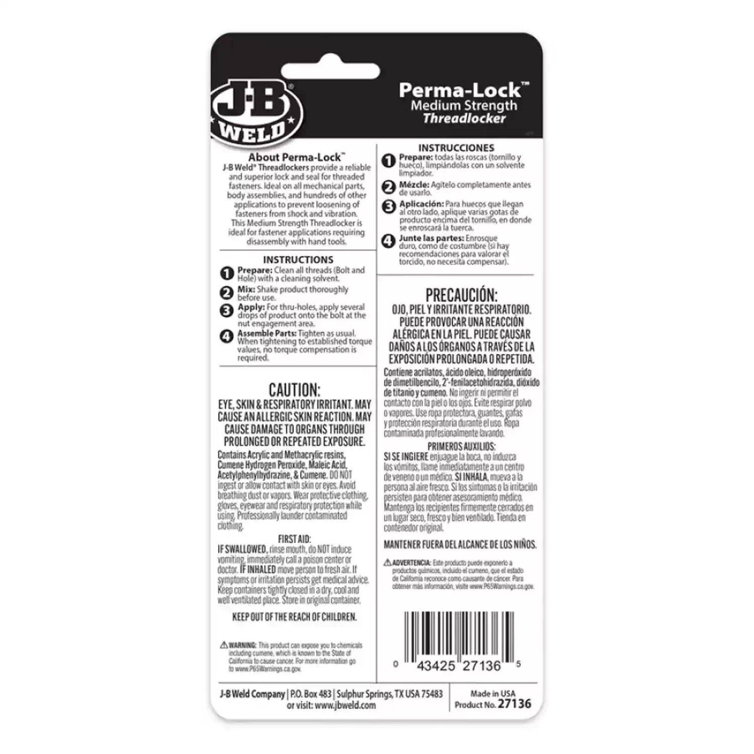 J-B Weld 27136 36mL Perma Lock Red High Strength Threadlocker - World's Strongest Bond