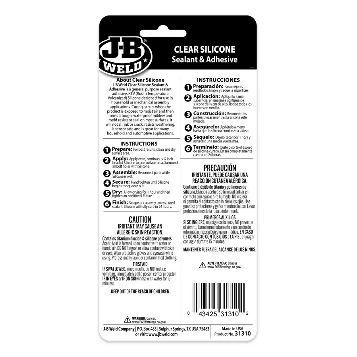 J-B Weld 31310 3 oz Clear All-Purpose 100% RTV Silicone Sealant & Adhesive