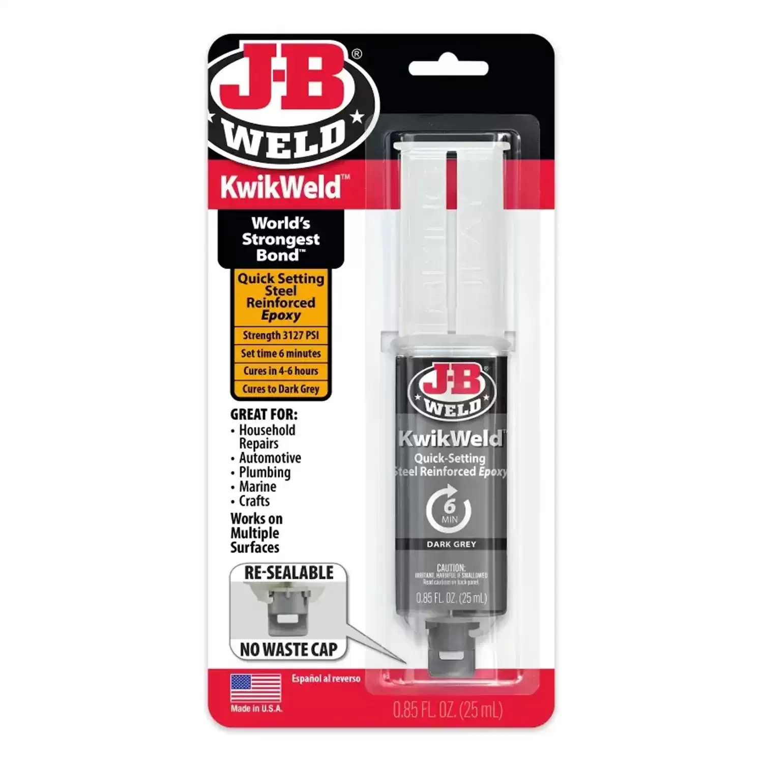 J-B Weld 50176 25mL KwikWeld Water & Oil Resistant Quick Set Epoxy Syringe