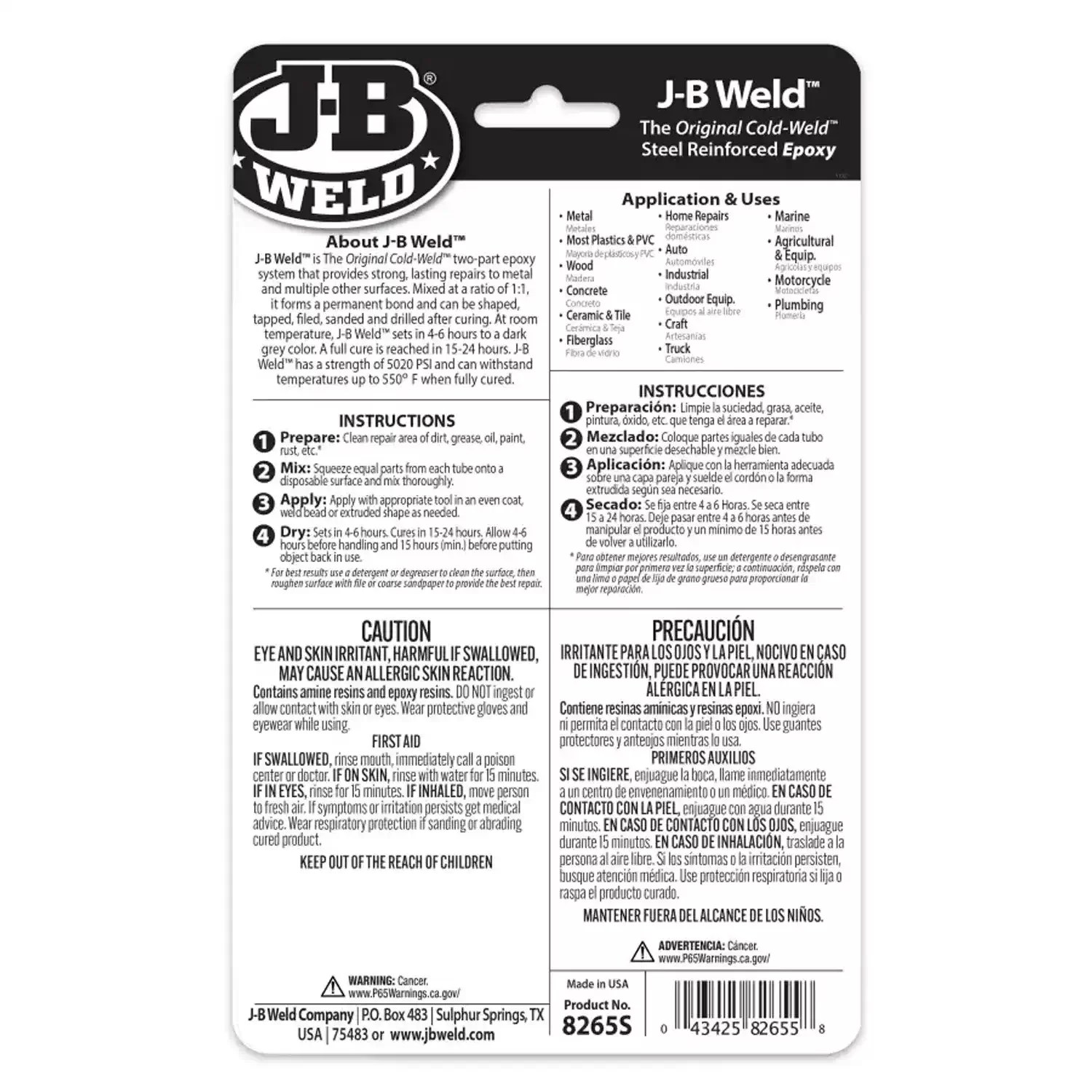 J-B Weld 8265S 2oz Cold-Weld Formula Twin Tube Steel Reinforced Epoxy - World's Strongest Bond