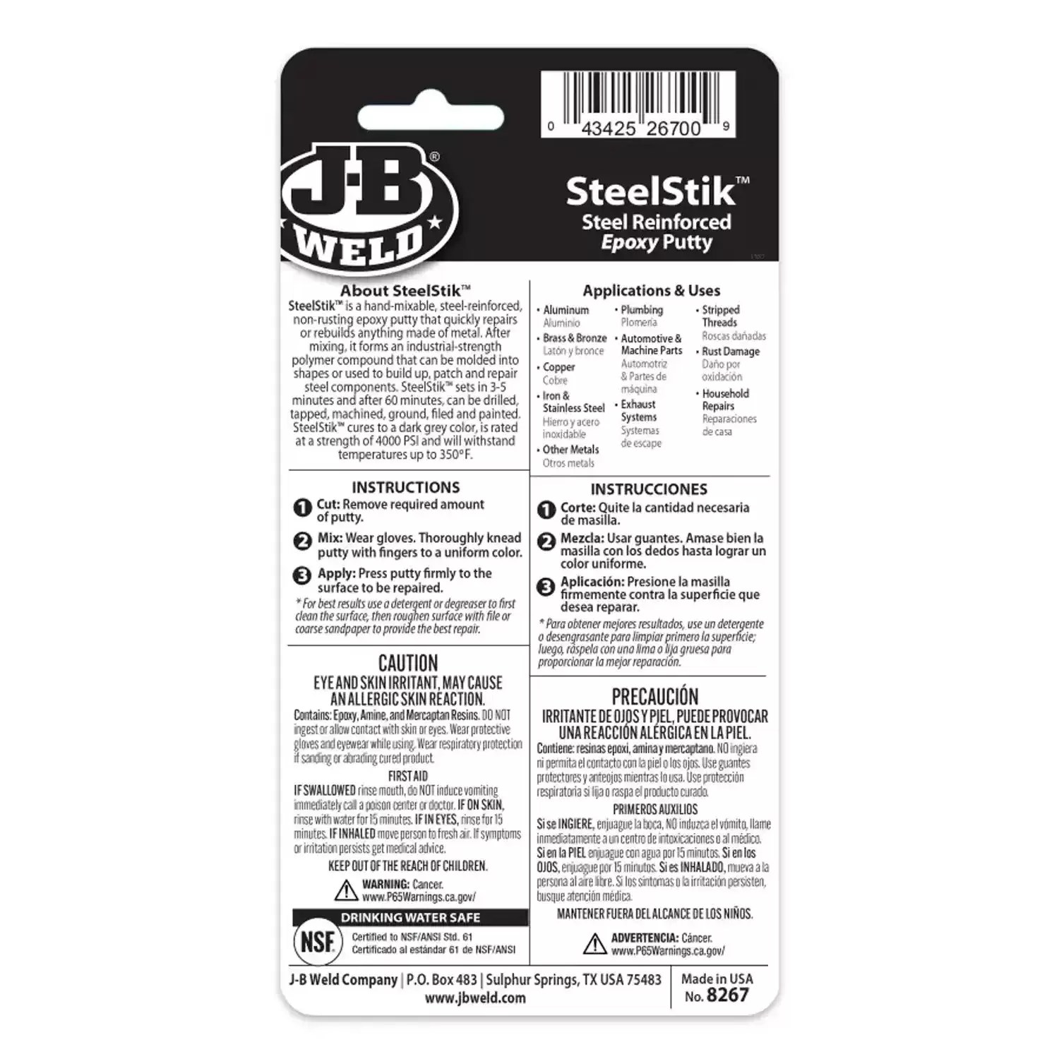 J-B Weld 8267S 2oz SteelStik Steel Reinforced Epoxy Putty - World's Strongest Bond