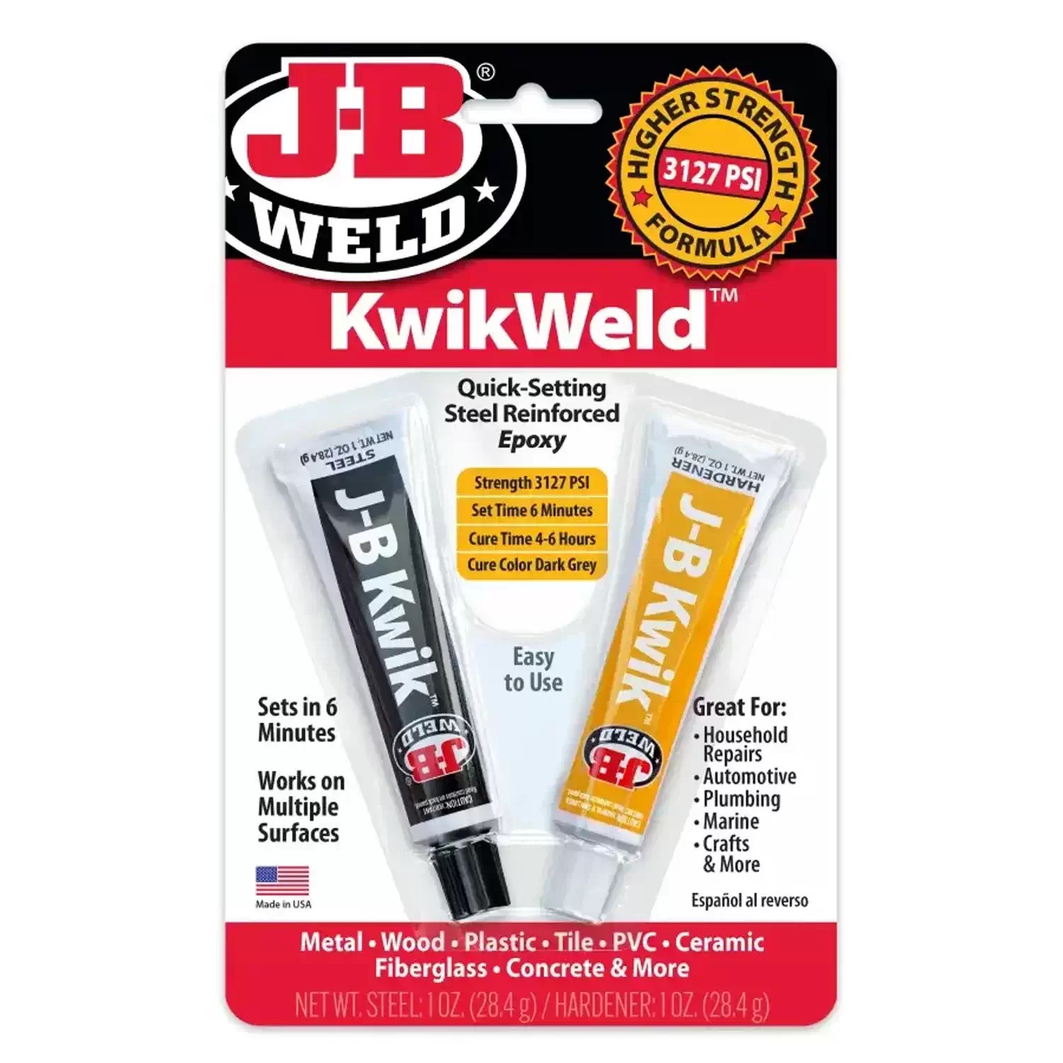 J-B Weld 8276 2oz KwikWeld Twin Tube Quick Setting Steel Reinforced Epoxy - World's Strongest Bond