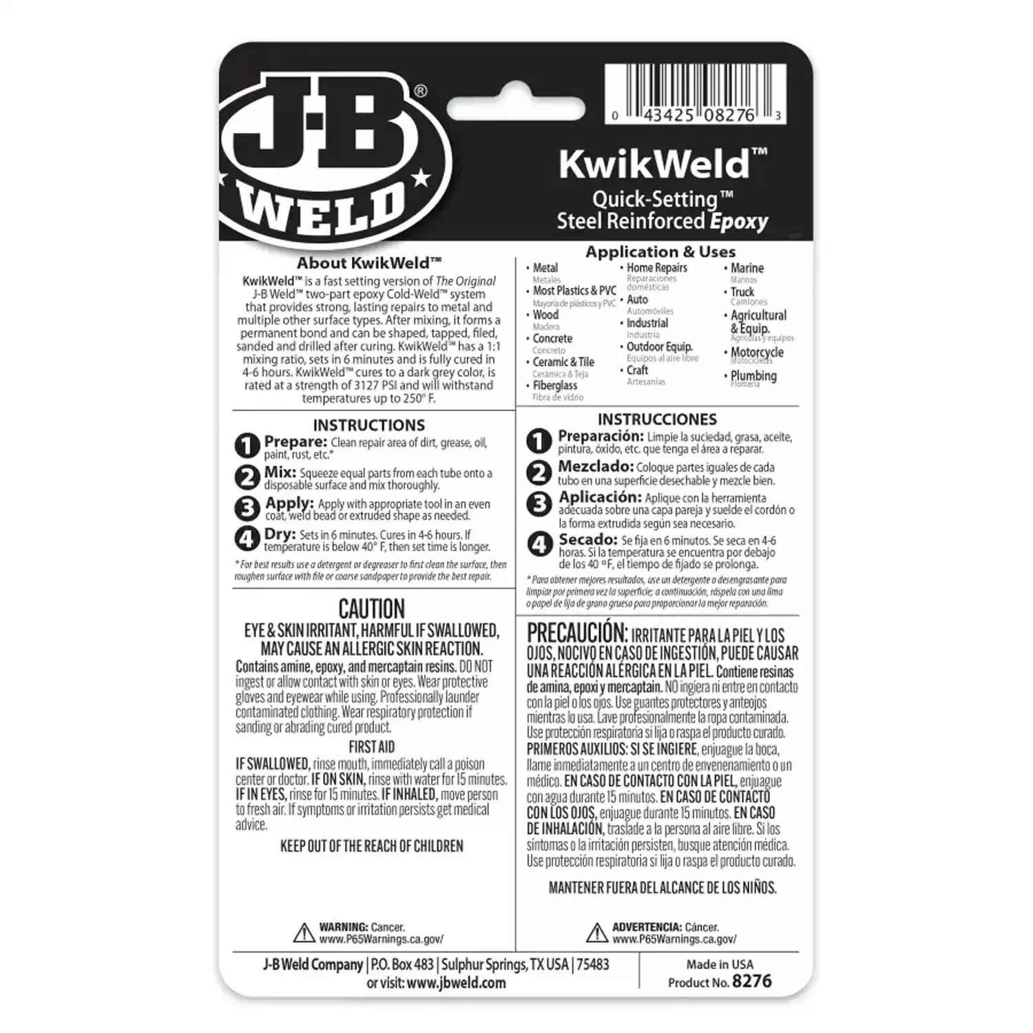 J-B Weld 8276 2oz KwikWeld Twin Tube Quick Setting Steel Reinforced Epoxy - World's Strongest Bond