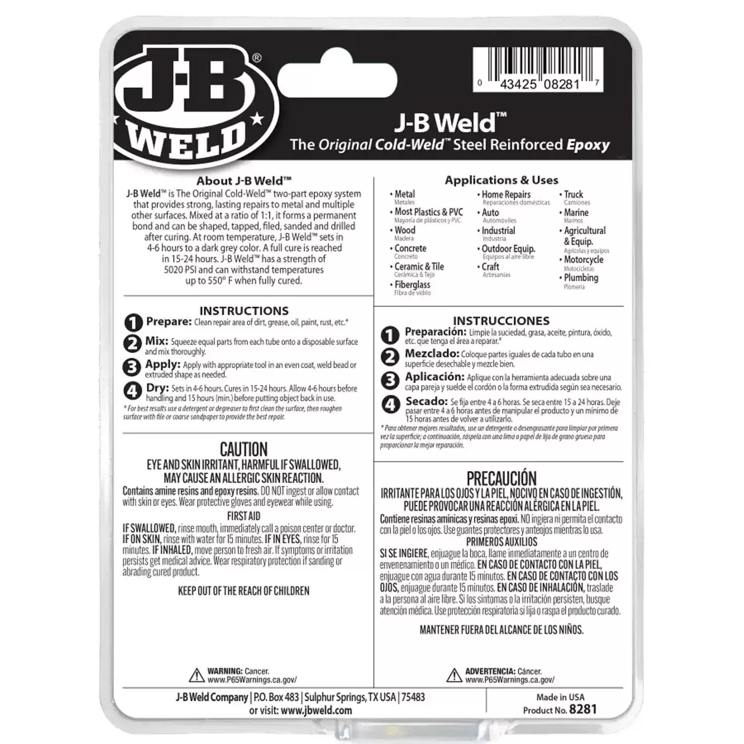 J-B Weld 8281 2PC 10oz Twin Tube Professional Size Steel Reinforced Epoxy Putty - World's Strongest Bond