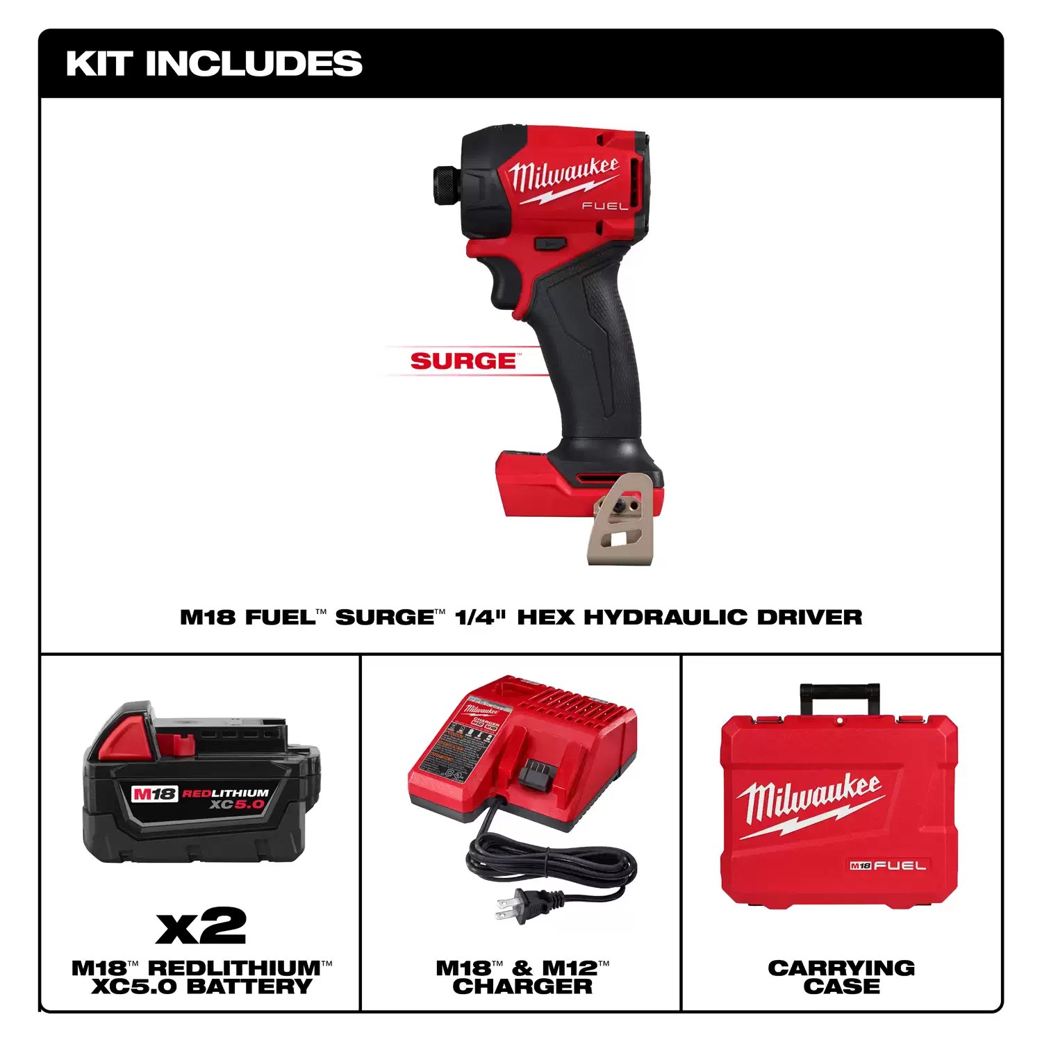 Milwaukee 2761-22 M18 FUEL SURGE Brushless 1/4" Hex Hydraulic Impact Driver Kit (2) 5AH
