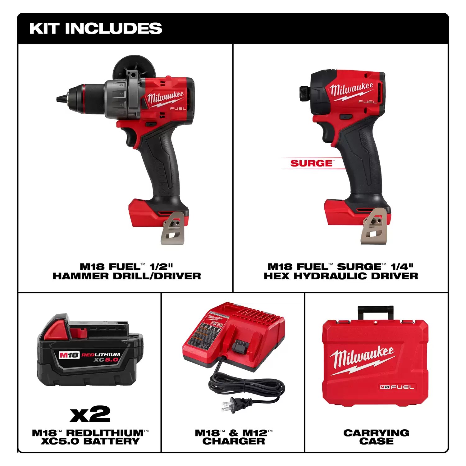 Milwaukee 3799-22 M18 Fuel Hammer Drill & Surge Hydraulic Impact Driver Combo Kit, (2) 5AH