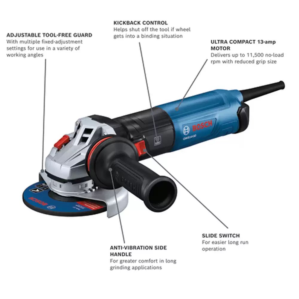 Bosch GWS14-50 Corded 5” Professional Angle Grinder, Slide Switch, 120V 13A