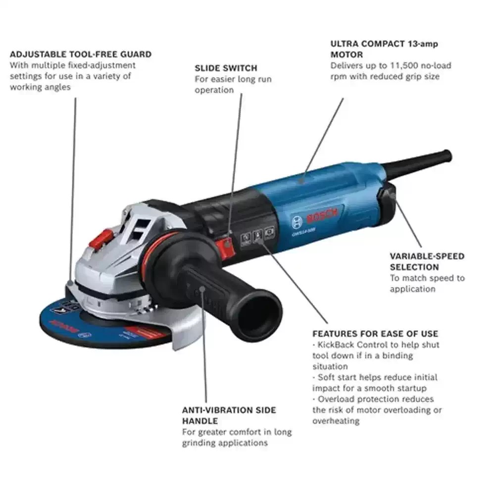 Bosch GWS14-50B Corded 5” Professional Angle Grinder, Slide Switch, 120V 13A