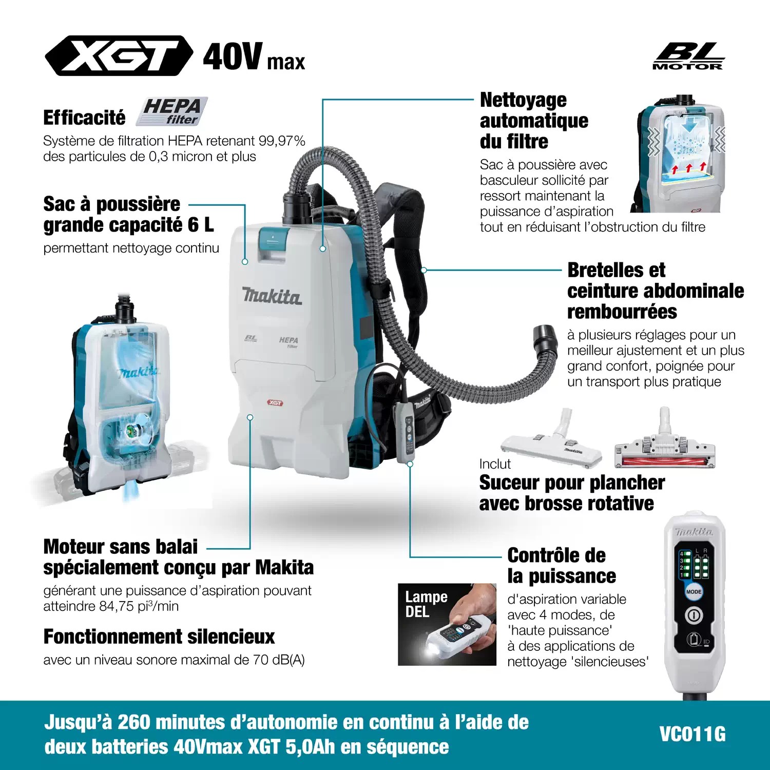 Makita VC011GZ 40Vmax XGT Brushless Cordless 6L Backpack Vacuum - Tool Only