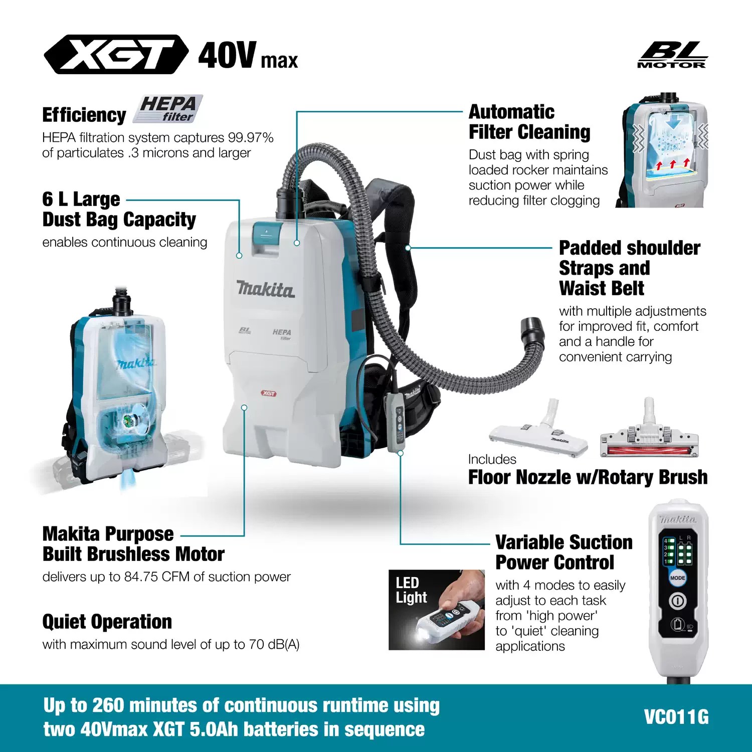 Makita VC011GZ02 40Vmax XGT Brushless Cordless 6L Backpack Vacuum - Tool Only