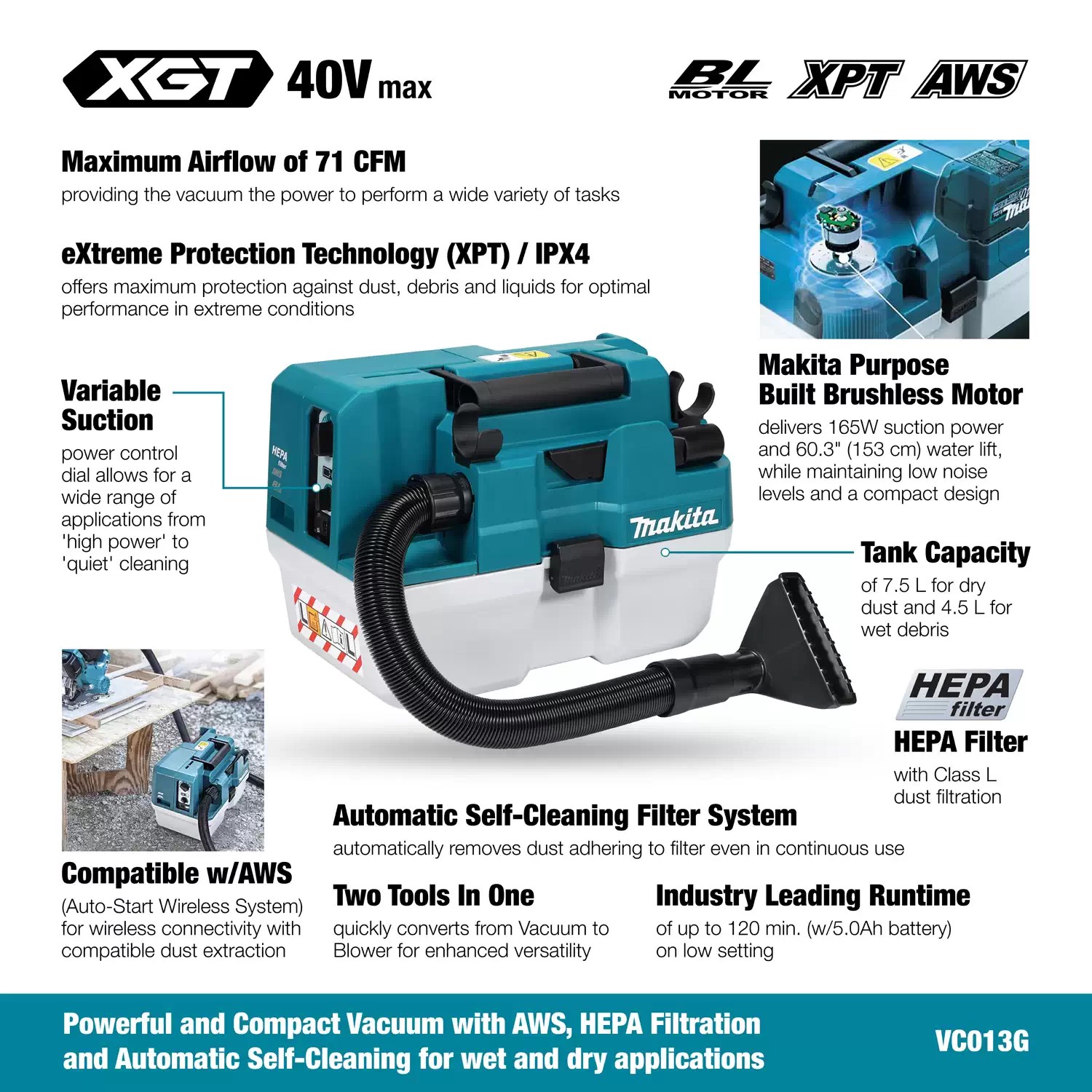 Makita VC013GLZ01 40Vmax XGT Brushless 7.5L Wet/Dry Vacuum Cleaner - Tool Only