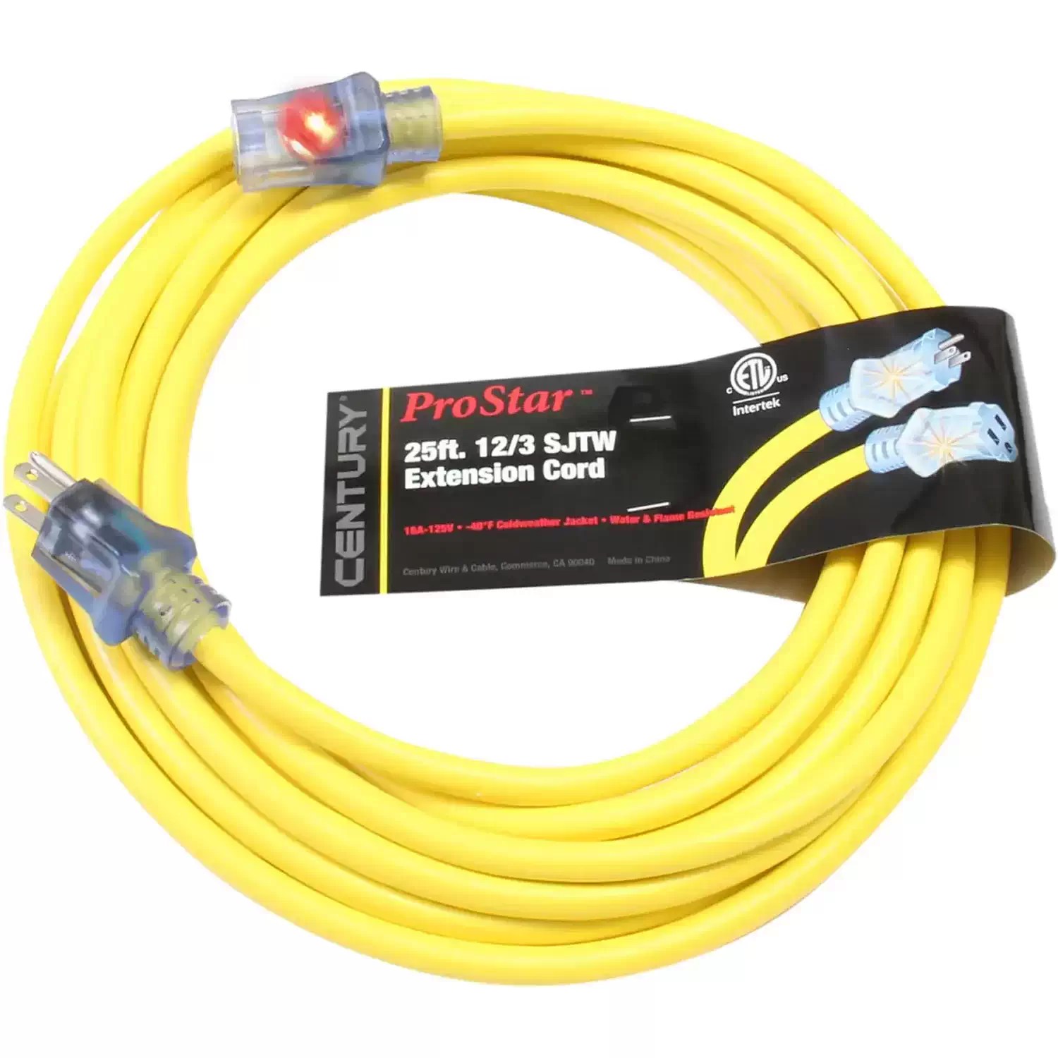 Century Wire D11712025YL Pro Star 25' Yellow Lighted Extension Cord SJTW 12/3 15A