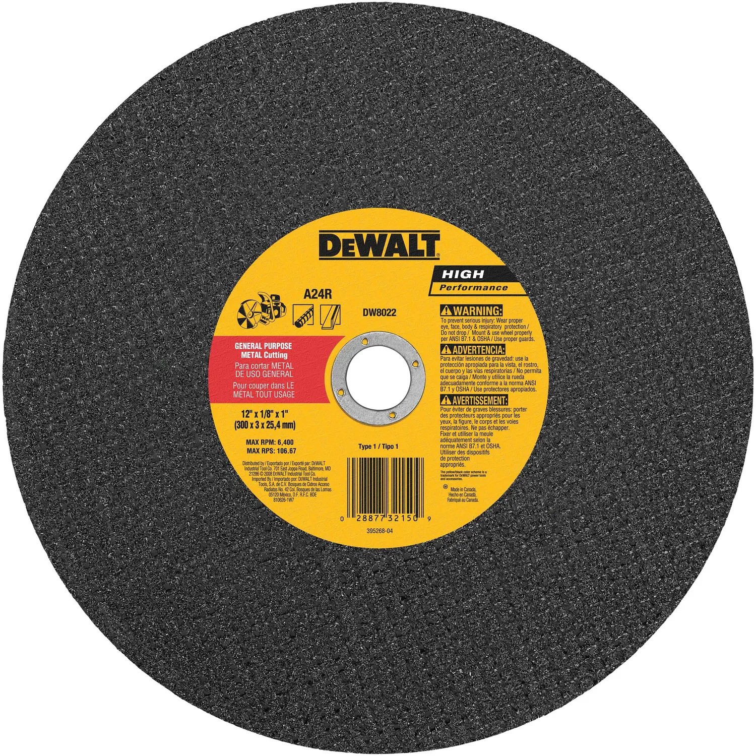 Dewalt DW8022 Cutting Wheel For Metal, A24N Abrasive, 12-Inch X 1/8-Inch X 1-Inch