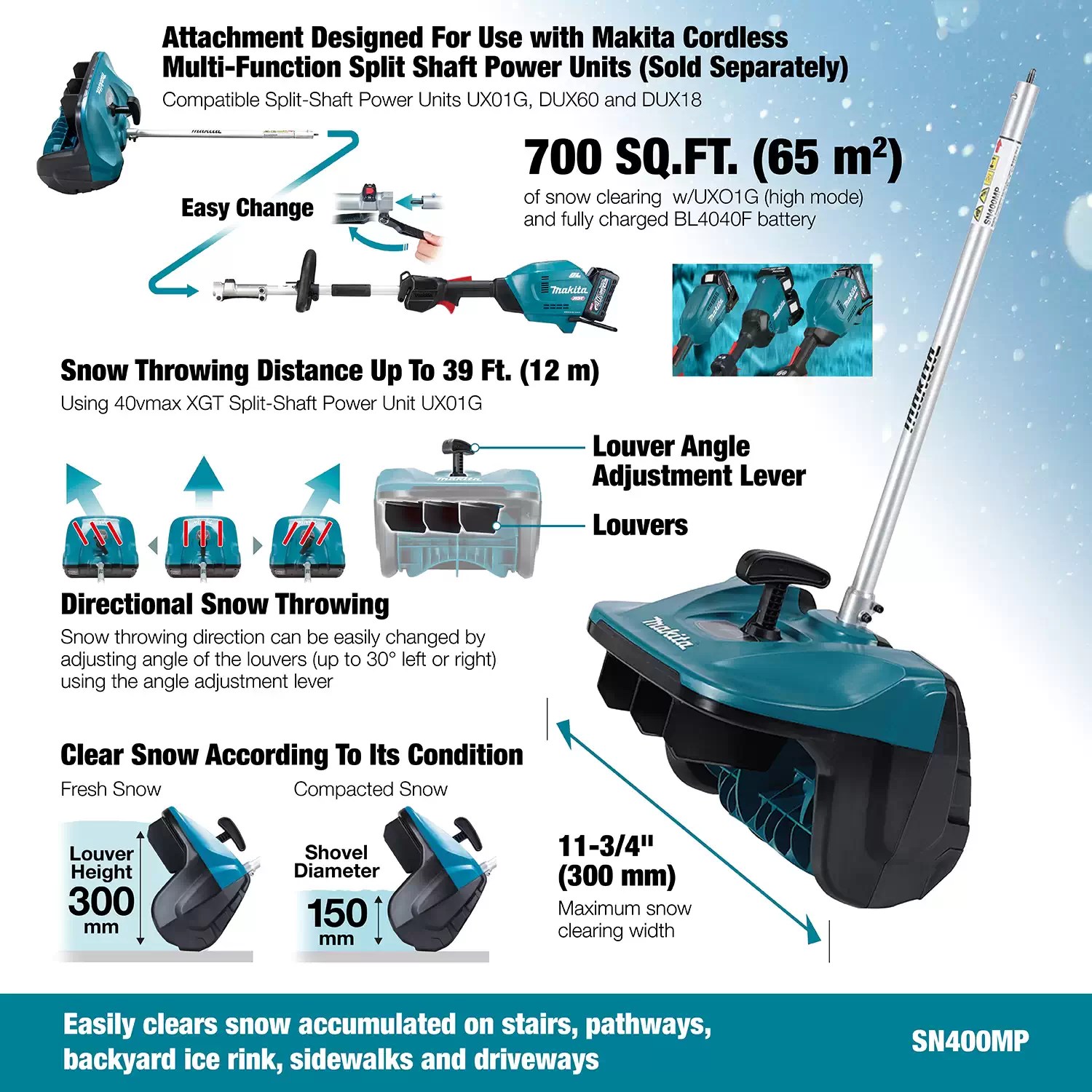 Makita SN400MP 11-3/4" Snow Blower Attachment for Split Shaft Multi-Tool