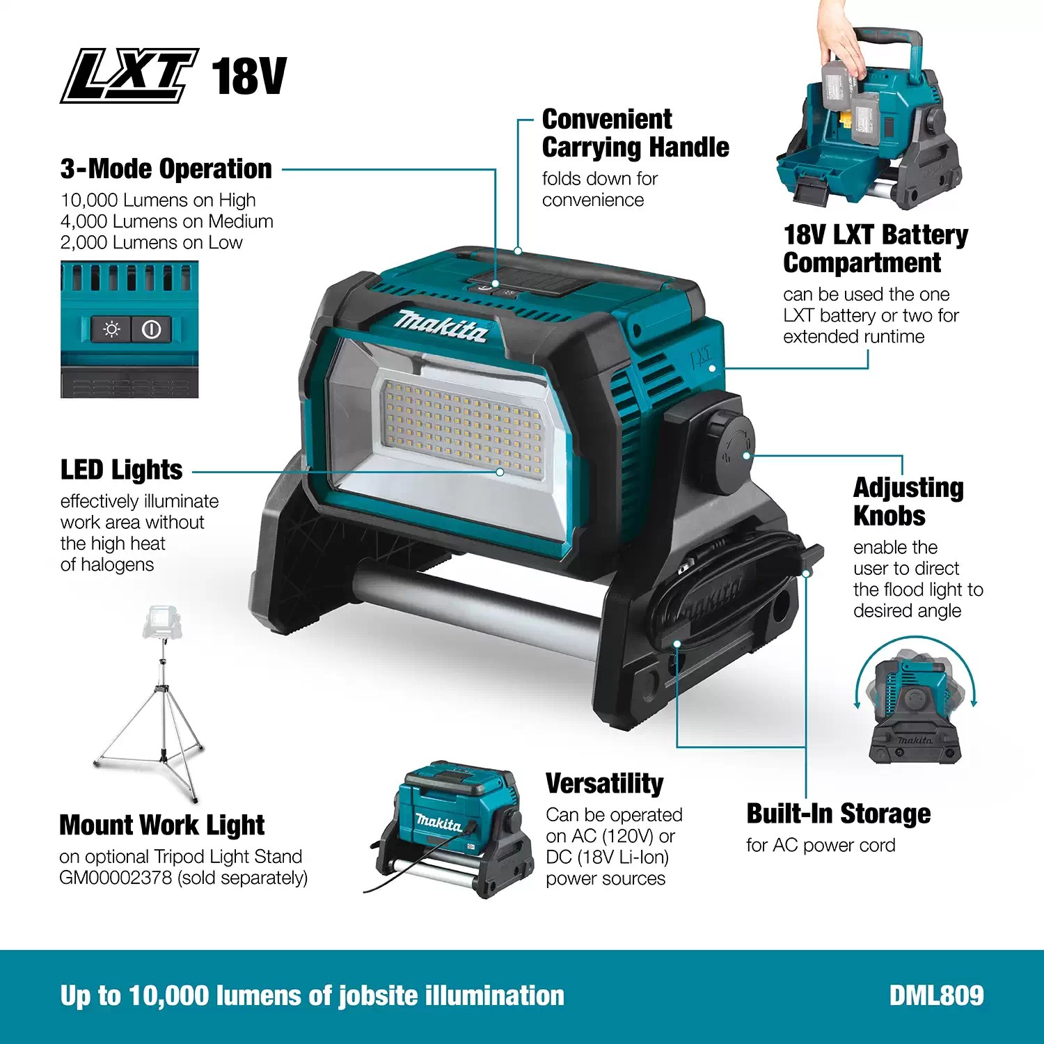 Makita DML809 18V LXT Lithium‑Ion Cordless/Corded LED Work Light - Tool Only