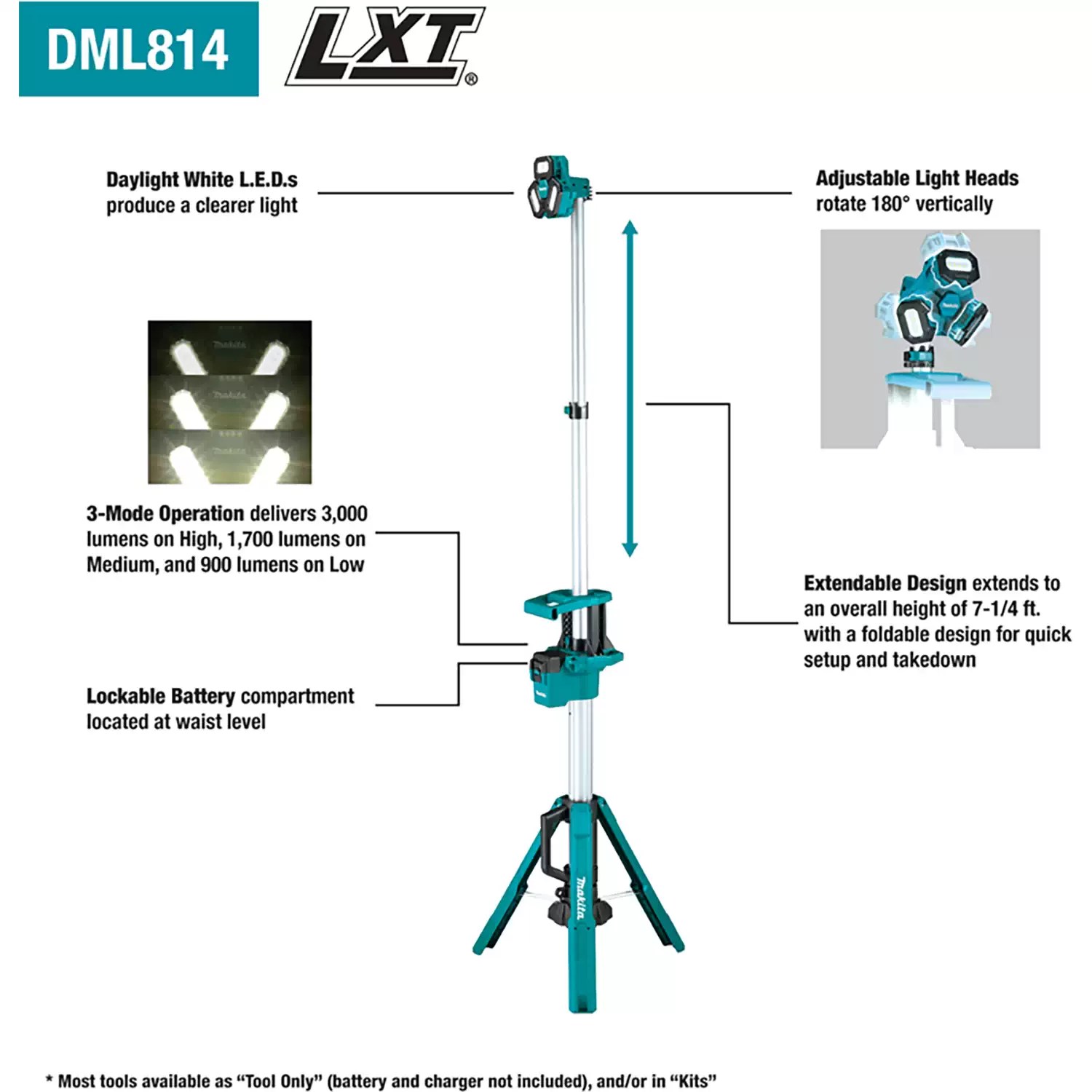Makita DML814 18V Li-Ion Cordless 3-Way LED Tower Work Light - Tool Only