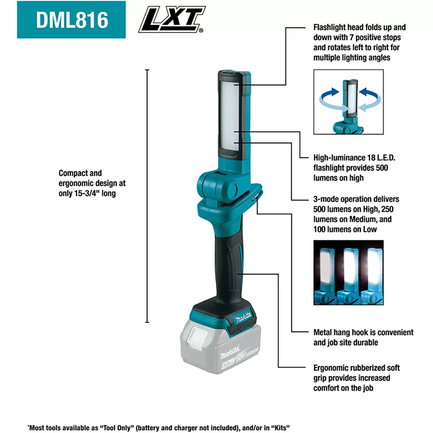 Makita DML816 18V LXT Li-Ion Cordless 500LM LED Flashlight - Tool Only