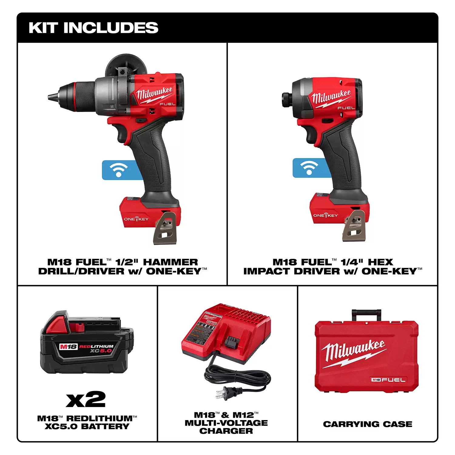 Milwaukee 3696-22 M18 FUEL 18V Hammer Drill & Impact Driver Combo Kit with ONE-KEY and (2) 5.0Ah Batteries