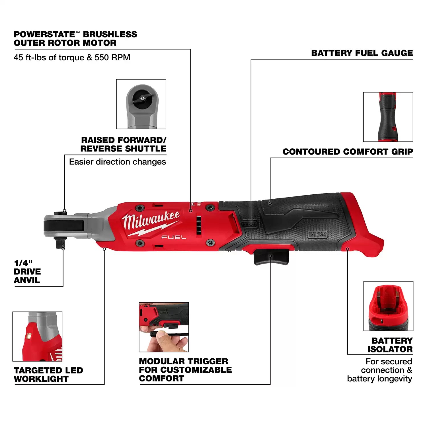 Milwaukee 3052-20 M12 FUEL 12 Volt Lithium-Ion Brushless Cordless 1/4" Ratchet - Tool Only