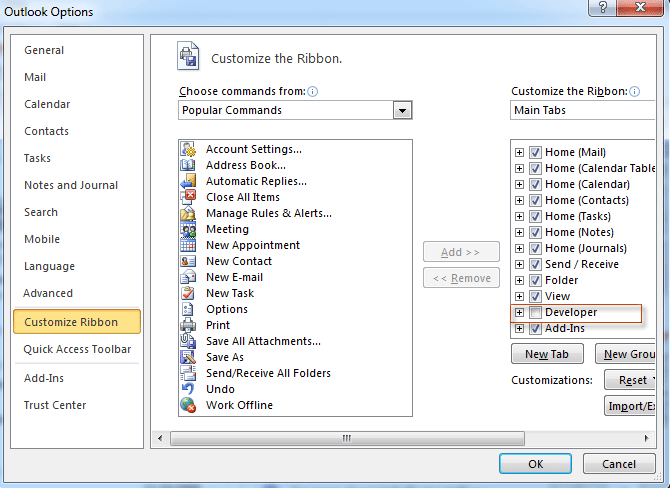 In the top left corner, . Where is Forms command in Outlook 2010, 2013, 2016, 2019