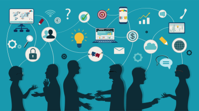 Communication: A drawing with people standing together talking. There are icons flowing between them (lightbulb, question mark, magnifying glass etc) symbolising communication