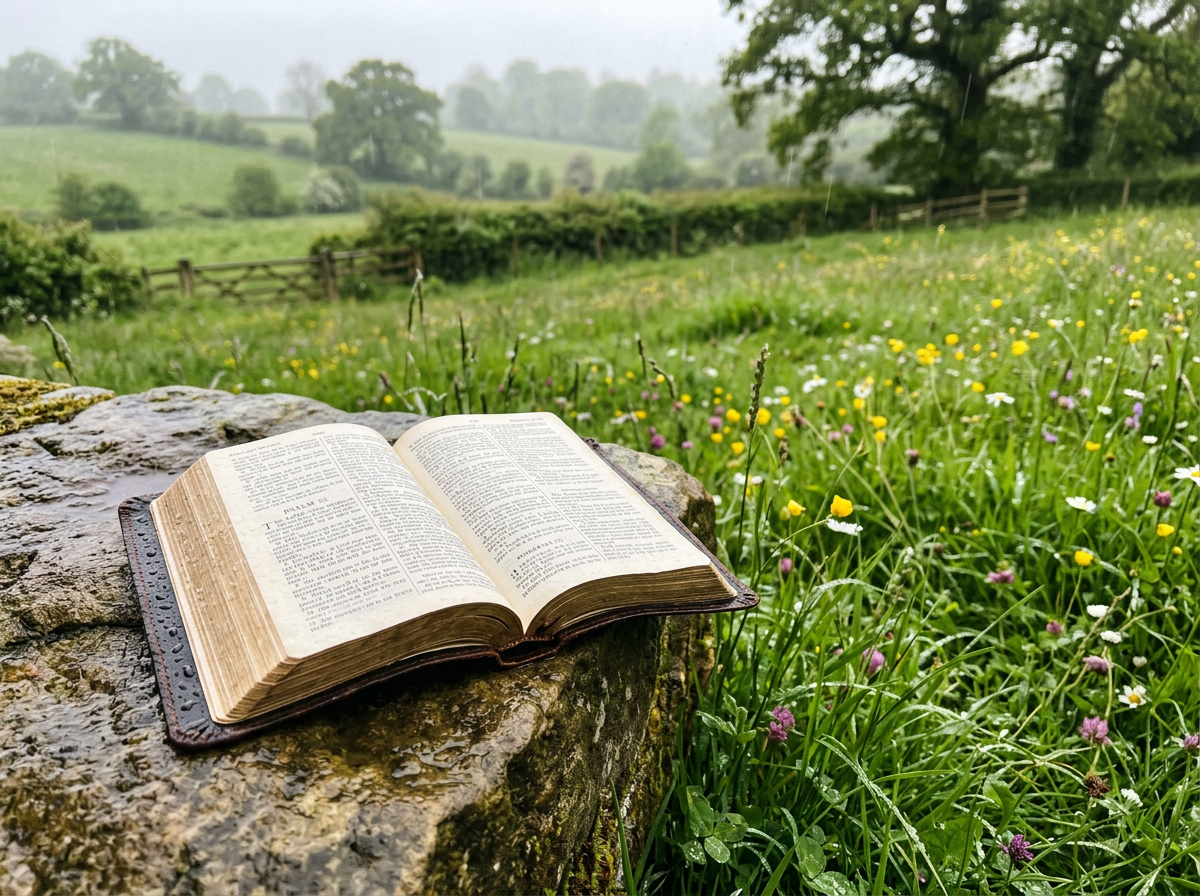 Open Bible on wet rock with meadow flowers and rain