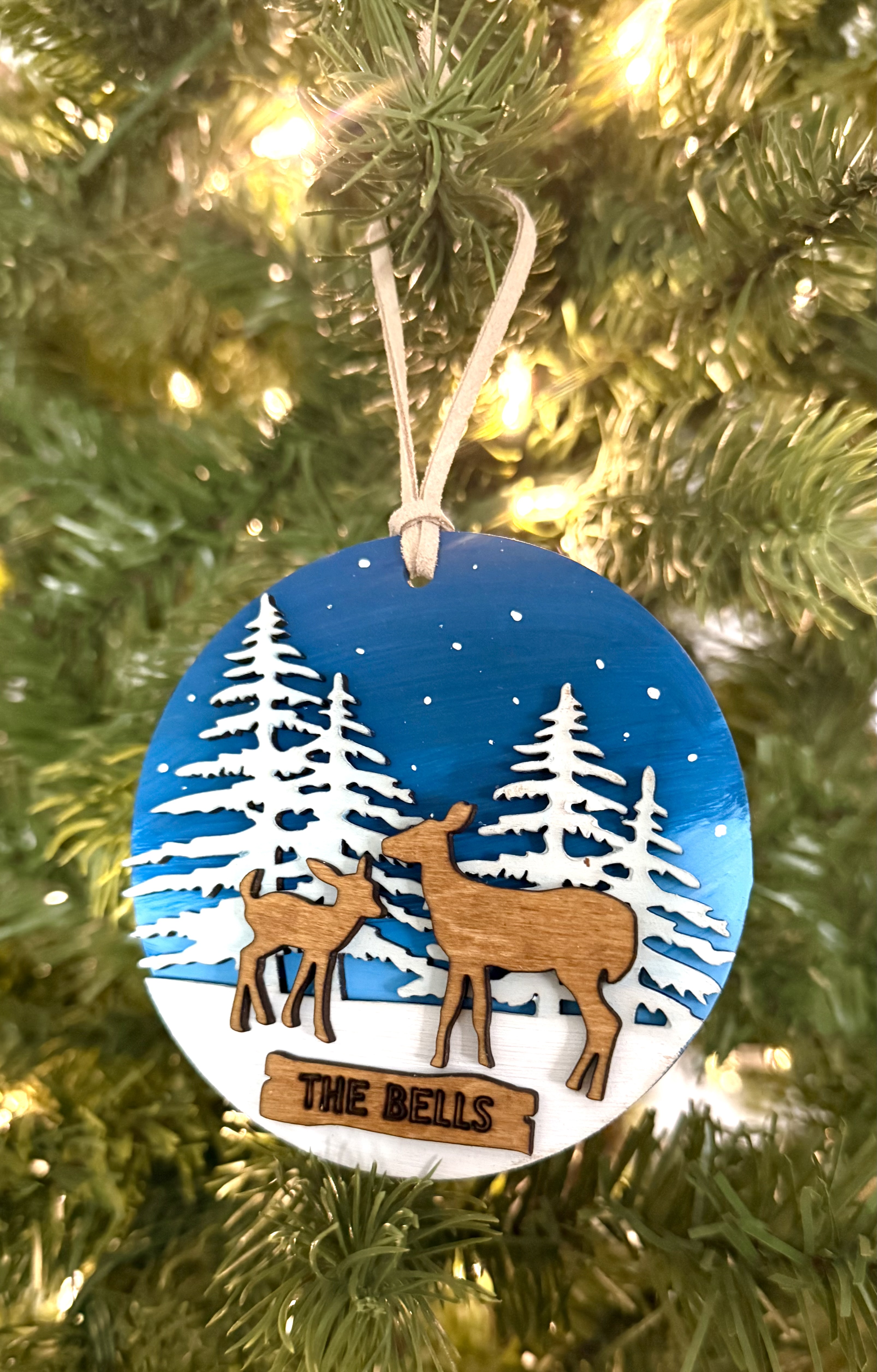 Personalized Wood Family Christmas Ornament, Snowy Deer Scene or Bear & Cubs