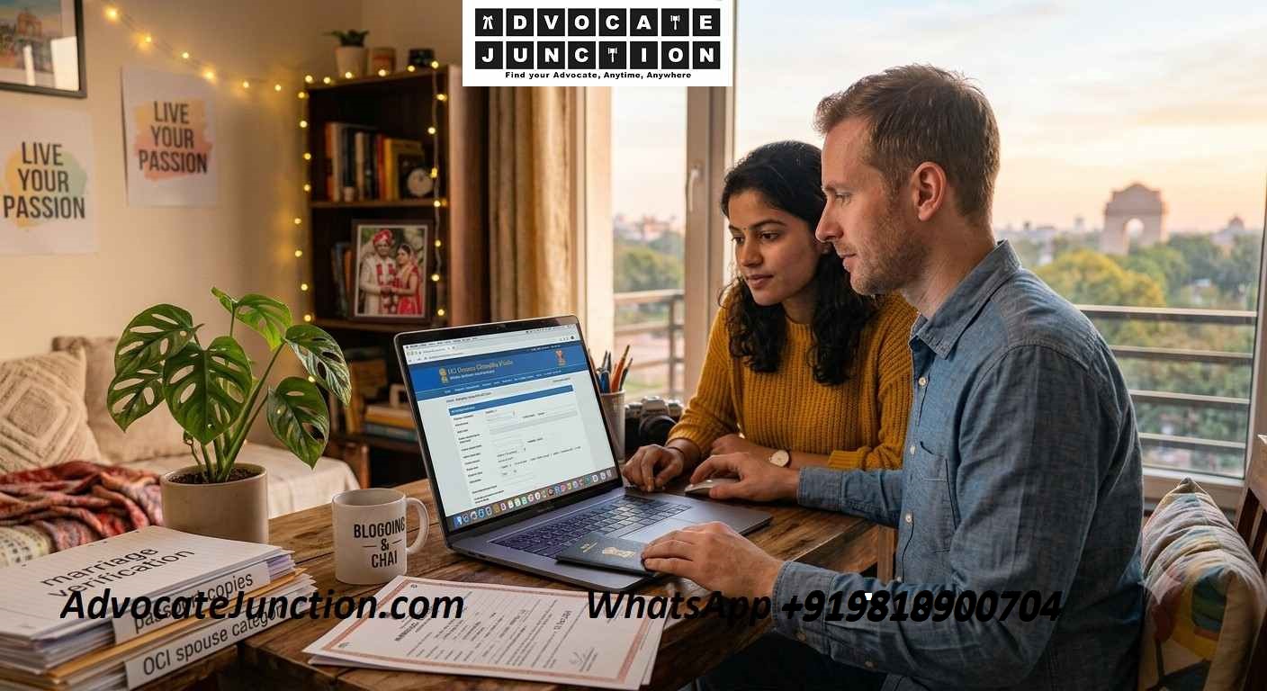 A couple filling out an online OCI spouse category application form on a laptop in a cozy home setting.