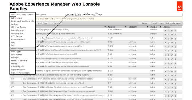 Memory Usage Console in aem