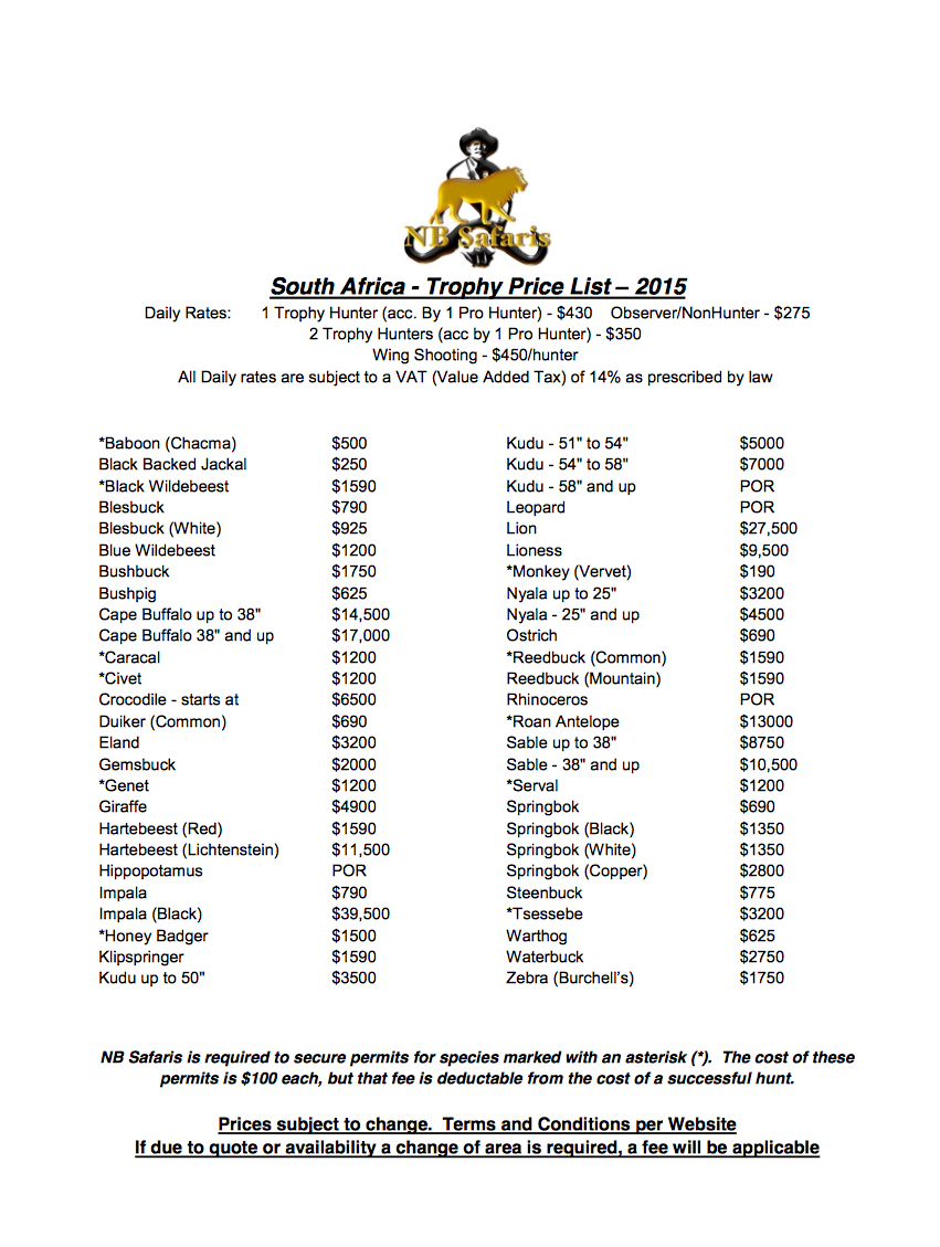 7 Day South African Hunting Safari For Two Hunters With Nb