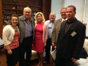 Senator Cathleen Galgiani (pictured 3rd from left) meets with (from left to right) Mary Mohler, Leroy Ornellas, Merlin Mohler, Steve DeBrum, and Kevin Ornellas