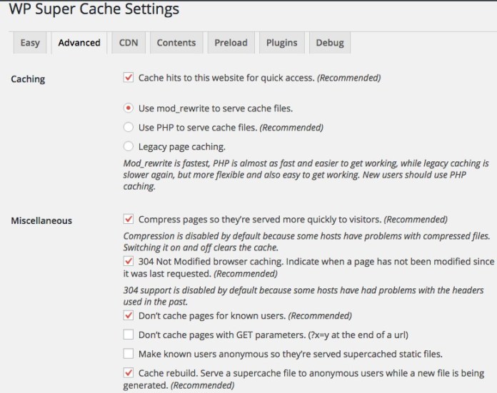 Advanced WP Super Cache Setting