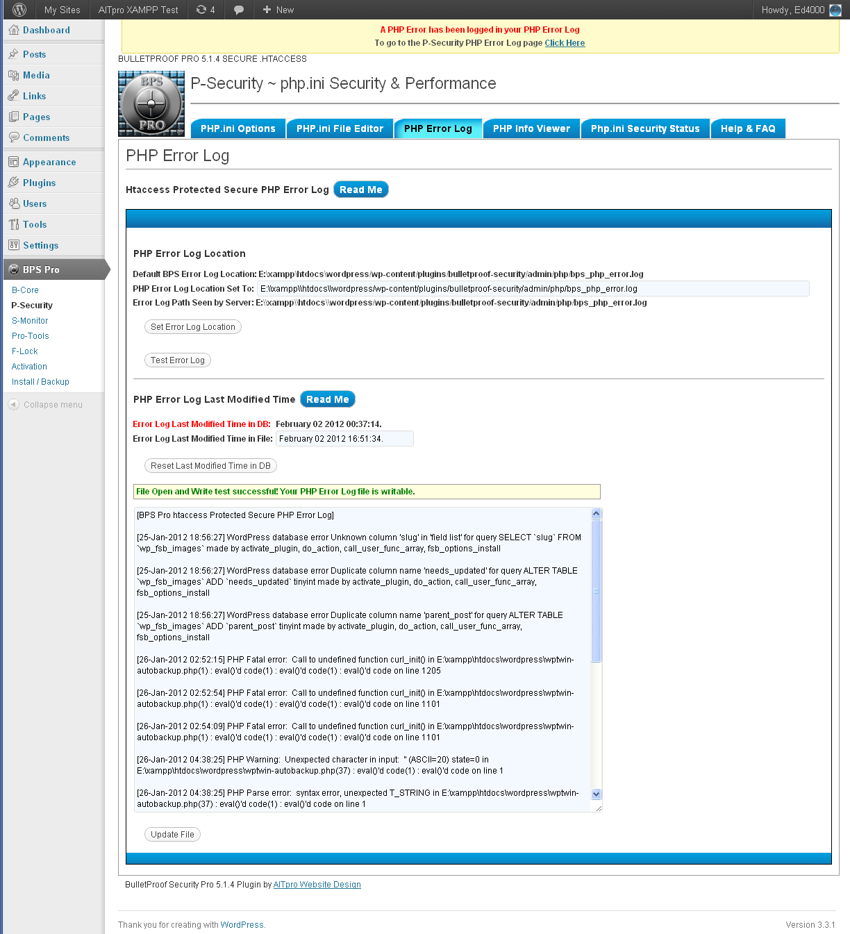You can also find the wordpress php error log . BulletProof Security Pro Screenshots