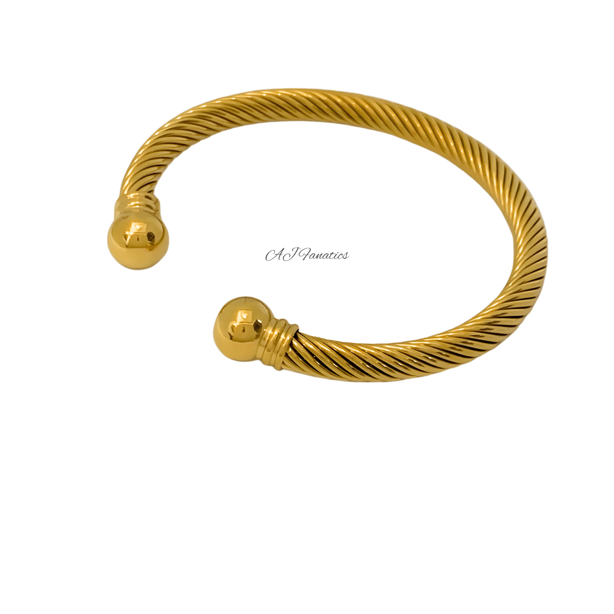 Gold twisted helix cuff bangle bracelet made of stainless steel, featuring polished sphere end-caps on an open-cuff design from The Fusion Collection.