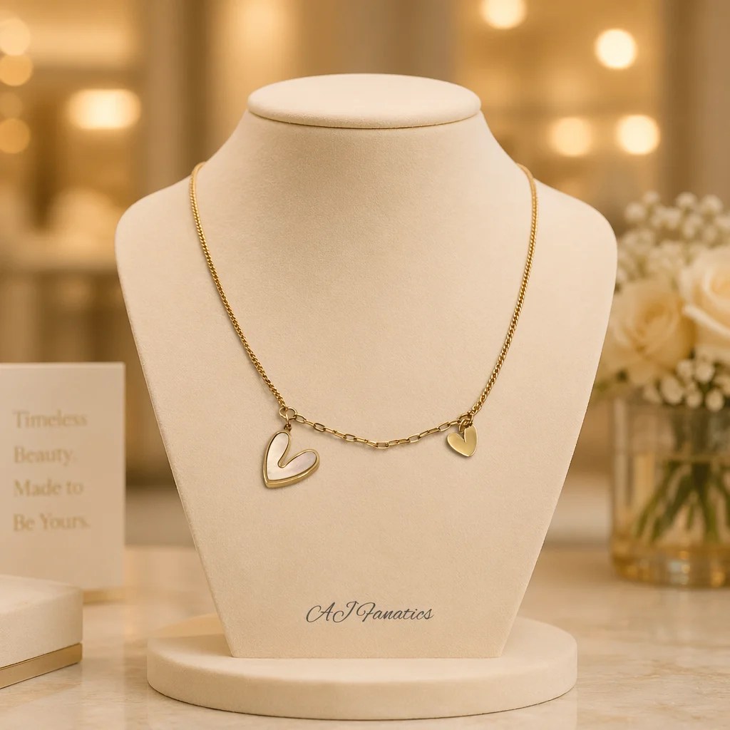 Gold-tone Hearts Entwined necklace laid on a neck stand, featuring a fine stainless steel chain with a larger iridescent shell heart pendant and a smaller solid gold heart charm.