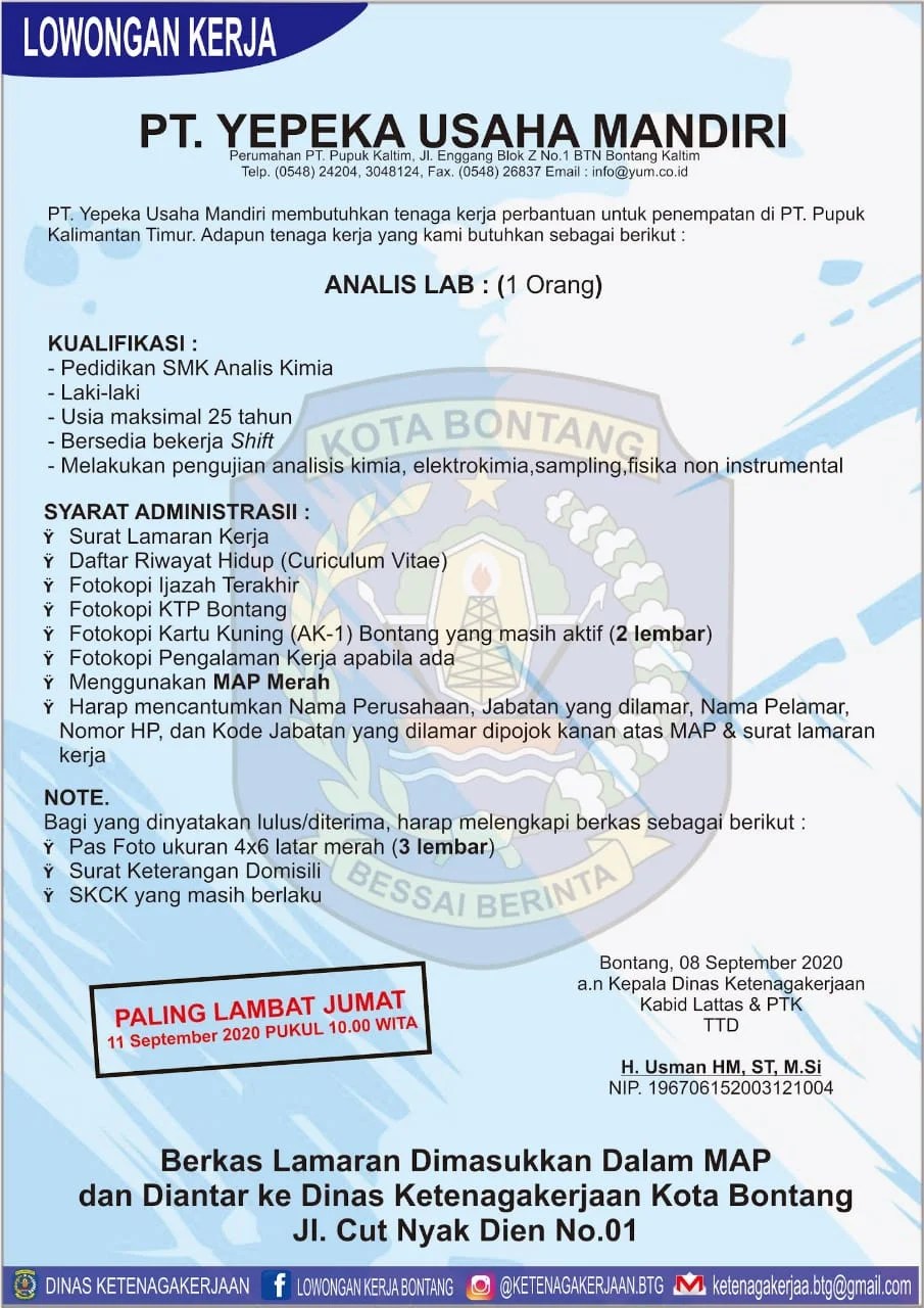 Yepeka usaha mandiri bontang untuk posisi pekerjaan sebagai operator utilitas sebanyak 70 orang. Lowongan Kerja Pt Yum September Akurasi Akurasi