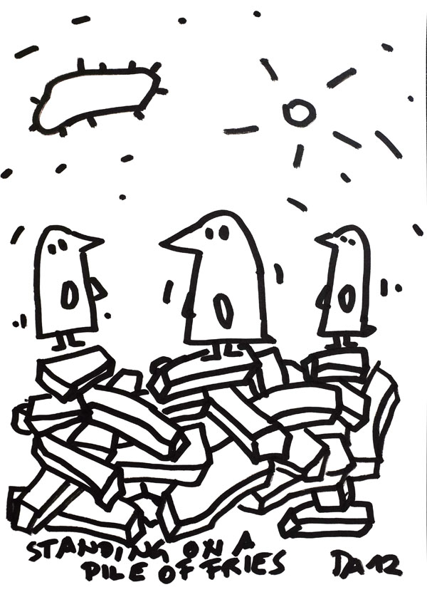 standing on a pile of fries