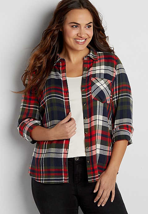 plus size button down plaid shirt in red, green, and navy blue plaid